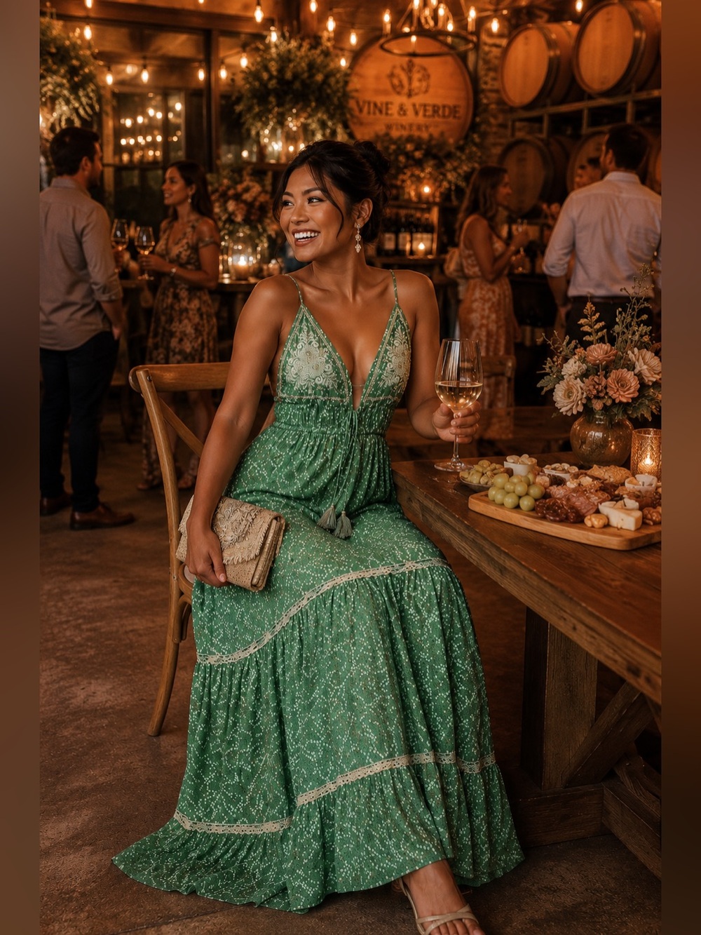 Bohemian Green Patterned Maxi Dress with Decorative Tassel Tie & Sequin Detail